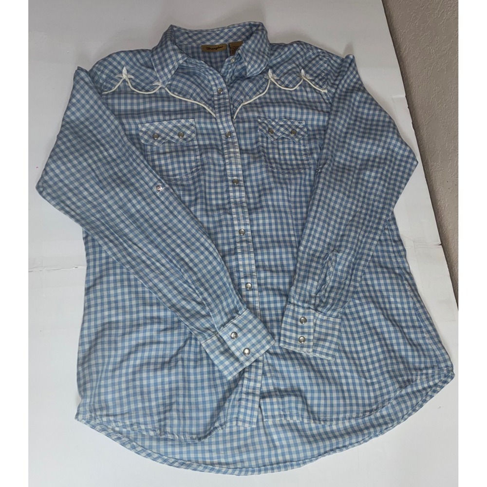 Wrangler Mens L Western Pearl Snap Shirt Blue Gingham Embroidered Cowboy READ